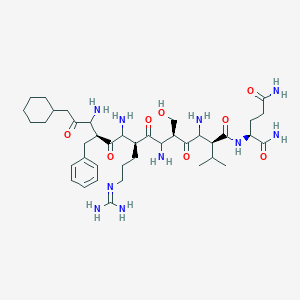 molecular formula C40H66N10O8 B13144055 (2S)-2-[[(2S,5S,8S,11S)-3,6,9,12-tetraamino-11-benzyl-14-cyclohexyl-8-[3-(diaminomethylideneamino)propyl]-5-(hydroxymethyl)-4,7,10,13-tetraoxo-2-propan-2-yltetradecanoyl]amino]pentanediamide 