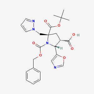 molecular formula C25H28N4O7 B13156698 1,2,4-pyrrolidinetricarboxylic acid, 5-(5-oxazolyl)-2-(1H-pyrazol-1-ylmethyl)-, 2-(1,1-dimethylethyl) 1-(phenylmethyl) ester, (2R,4S,5R)- 