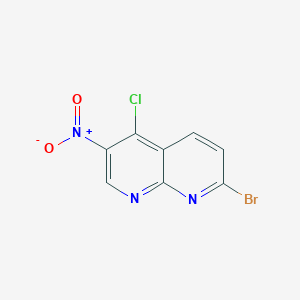 molecular formula C8H3BrClN3O2 B13186320 2-Bromo-5-chloro-6-nitro-1,8-naphthyridine 