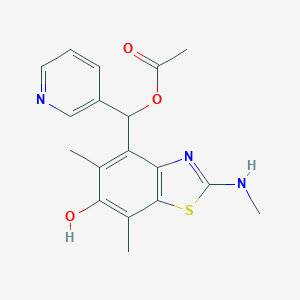 molecular formula C18H19N3O3S B131867 4-Benzothiazolemethanol,  6-hydroxy-5,7-dimethyl-2-(methylamino)--alpha--3-pyridinyl-,  -alpha--acet CAS No. 145096-29-3