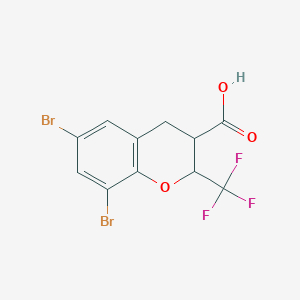 molecular formula C11H7Br2F3O3 B13215982 6,8-Dibromo-2-(trifluoromethyl)-3,4-dihydro-2H-1-benzopyran-3-carboxylic acid 