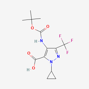 molecular formula C13H16F3N3O4 B13229531 4-{[(tert-butoxy)carbonyl]amino}-1-cyclopropyl-3-(trifluoromethyl)-1H-pyrazole-5-carboxylic acid 