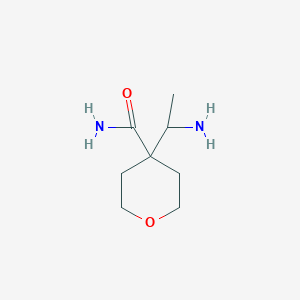 molecular formula C8H16N2O2 B13230282 4-(1-Aminoethyl)oxane-4-carboxamide 