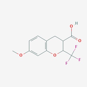 molecular formula C12H11F3O4 B13233498 7-Methoxy-2-(trifluoromethyl)-3,4-dihydro-2H-1-benzopyran-3-carboxylic acid 