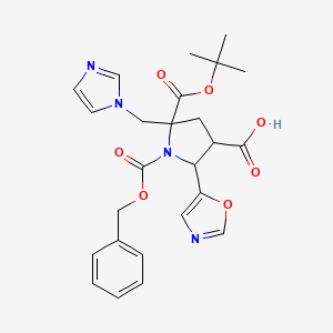 molecular formula C25H28N4O7 B13247774 1-[(Benzyloxy)carbonyl]-5-[(tert-butoxy)carbonyl]-5-[(1H-imidazol-1-yl)methyl]-2-(1,3-oxazol-5-yl)pyrrolidine-3-carboxylic acid 