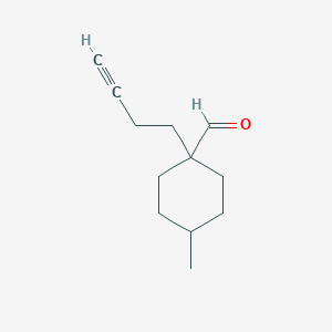 molecular formula C12H18O B13263040 1-(But-3-yn-1-yl)-4-methylcyclohexane-1-carbaldehyde 