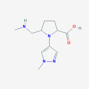 molecular formula C11H18N4O2 B13263838 1-(1-Methyl-1H-pyrazol-4-yl)-5-[(methylamino)methyl]pyrrolidine-2-carboxylic acid 