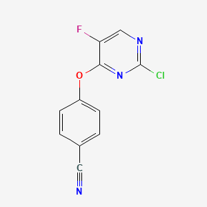 molecular formula C11H5ClFN3O B13263987 4-((2-Chloro-5-fluoropyrimidin-4-yl)oxy)benzonitrile 