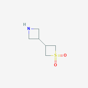 molecular formula C6H11NO2S B13266247 3-(Azetidin-3-yl)-1lambda6-thietane-1,1-dione 