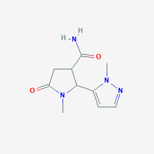 molecular formula C10H14N4O2 B13268509 1-Methyl-2-(1-methyl-1H-pyrazol-5-yl)-5-oxopyrrolidine-3-carboxamide 