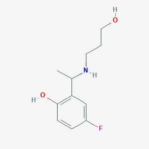 molecular formula C11H16FNO2 B13271958 4-Fluoro-2-{1-[(3-hydroxypropyl)amino]ethyl}phenol 