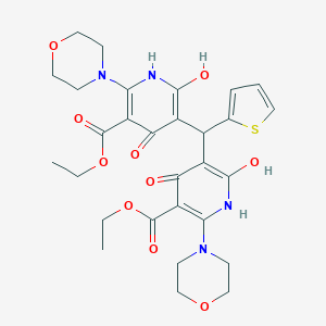 molecular formula C29H34N4O10S B132770 ethyl 5-[(5-ethoxycarbonyl-2-hydroxy-6-morpholin-4-yl-4-oxo-1H-pyridin-3-yl)-thiophen-2-ylmethyl]-6-hydroxy-2-morpholin-4-yl-4-oxo-1H-pyridine-3-carboxylate CAS No. 153549-78-1