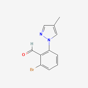 molecular formula C11H9BrN2O B13277863 2-Bromo-6-(4-methyl-1H-pyrazol-1-yl)benzaldehyde 