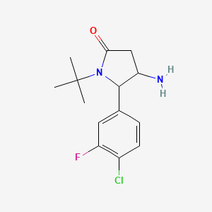 molecular formula C14H18ClFN2O B13278243 4-Amino-1-tert-butyl-5-(4-chloro-3-fluorophenyl)pyrrolidin-2-one 