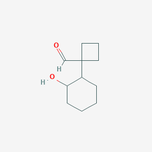 molecular formula C11H18O2 B13279350 1-(2-Hydroxycyclohexyl)cyclobutane-1-carbaldehyde 