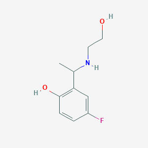 molecular formula C10H14FNO2 B13279925 4-Fluoro-2-{1-[(2-hydroxyethyl)amino]ethyl}phenol 