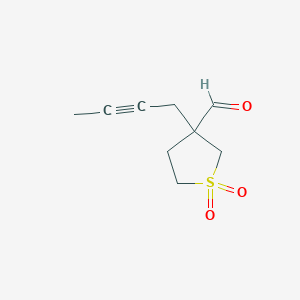 molecular formula C9H12O3S B13280404 3-(But-2-yn-1-yl)-1,1-dioxo-1lambda6-thiolane-3-carbaldehyde 