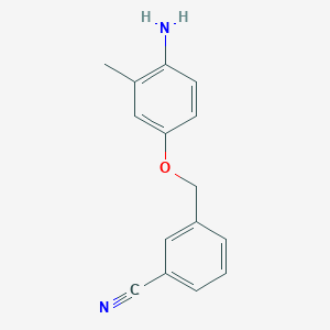 molecular formula C15H14N2O B13281013 3-[(4-Amino-3-methylphenoxy)methyl]benzonitrile 