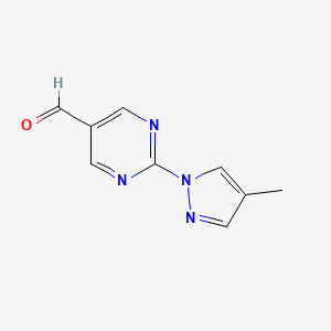molecular formula C9H8N4O B13281534 2-(4-Methyl-1H-pyrazol-1-YL)pyrimidine-5-carbaldehyde 