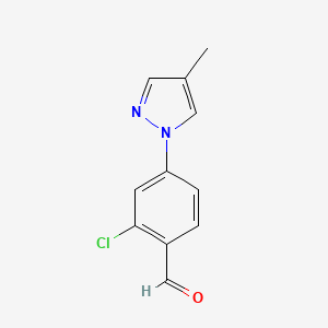 molecular formula C11H9ClN2O B13281813 2-Chloro-4-(4-methyl-1H-pyrazol-1-yl)benzaldehyde 