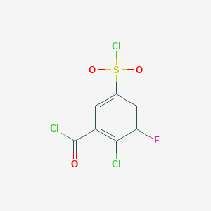 molecular formula C7H2Cl3FO3S B13283449 2-Chloro-5-(chlorosulfonyl)-3-fluorobenzoyl chloride 