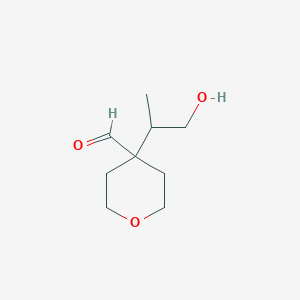 molecular formula C9H16O3 B13285134 4-(1-Hydroxypropan-2-yl)oxane-4-carbaldehyde 