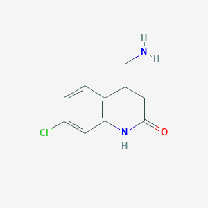 molecular formula C11H13ClN2O B13285166 4-(Aminomethyl)-7-chloro-8-methyl-1,2,3,4-tetrahydroquinolin-2-one 