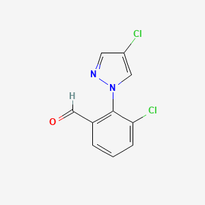 molecular formula C10H6Cl2N2O B13286431 3-Chloro-2-(4-chloro-1H-pyrazol-1-yl)benzaldehyde 