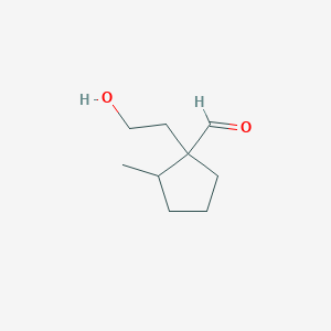 molecular formula C9H16O2 B13289888 1-(2-Hydroxyethyl)-2-methylcyclopentane-1-carbaldehyde 