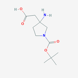 molecular formula C11H20N2O4 B13290931 2-{3-Amino-1-[(tert-butoxy)carbonyl]pyrrolidin-3-yl}acetic acid 