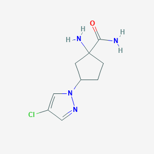 molecular formula C9H13ClN4O B13293842 1-Amino-3-(4-chloro-1H-pyrazol-1-YL)cyclopentane-1-carboxamide 