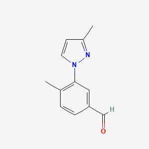 molecular formula C12H12N2O B13294273 4-Methyl-3-(3-methyl-1H-pyrazol-1-yl)benzaldehyde 