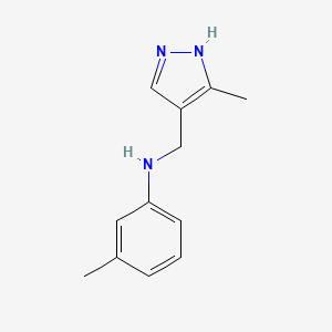 molecular formula C12H15N3 B13294347 3-Methyl-N-[(3-methyl-1H-pyrazol-4-yl)methyl]aniline 