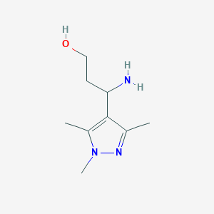 molecular formula C9H17N3O B13298335 3-amino-3-(trimethyl-1H-pyrazol-4-yl)propan-1-ol 