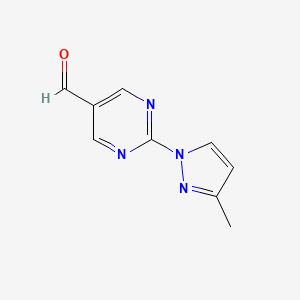 molecular formula C9H8N4O B13298538 2-(3-Methyl-1H-pyrazol-1-YL)pyrimidine-5-carbaldehyde 