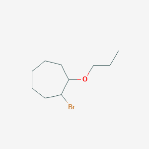 molecular formula C10H19BrO B13306577 1-Bromo-2-propoxycycloheptane 