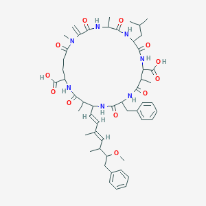 molecular formula C52H71N7O12 B133092 15-benzyl-18-[(1E,3E)-6-methoxy-3,5-dimethyl-7-phenylhepta-1,3-dienyl]-1,5,12,19-tetramethyl-2-methylidene-8-(2-methylpropyl)-3,6,9,13,16,20,25-heptaoxo-1,4,7,10,14,17,21-heptazacyclopentacosane-11,22-dicarboxylic acid CAS No. 154037-70-4