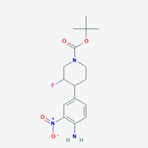 molecular formula C16H22FN3O4 B13312729 Tert-butyl 4-(4-amino-3-nitrophenyl)-3-fluoropiperidine-1-carboxylate 