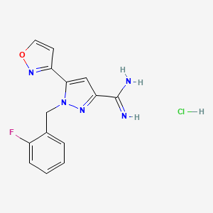 molecular formula C14H13ClFN5O B13331208 1-(2-fluorobenzyl)-5-(isoxazol-3-yl)-1H-pyrazole-3-carboximidamide hydrochloride 