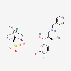 molecular formula C27H35ClFNO6S B13336661 (1R,2S)-2-((Benzylamino)methyl)-1-(4-chloro-3-fluorophenyl)propane-1,3-diol ((1S,4R)-7,7-dimethyl-2-oxobicyclo[2.2.1]heptan-1-yl)methanesulfonate 