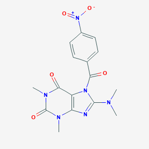 molecular formula C16H16N6O5 B133407 8-(Dimethylamino)-1,3-dimethyl-7-(4-nitrobenzoyl)purine-2,6-dione CAS No. 148122-88-7