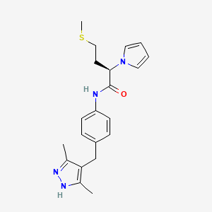 molecular formula C21H26N4OS B13358510 N-{4-[(3,5-dimethyl-1H-pyrazol-4-yl)methyl]phenyl}-4-(methylsulfanyl)-2-(1H-pyrrol-1-yl)butanamide 