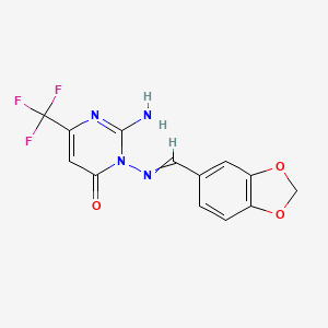 molecular formula C13H9F3N4O3 B1335920 2-amino-3-{[(E)-1,3-benzodioxol-5-ylmethylidene]amino}-6-(trifluoromethyl)-4(3H)-pyrimidinone 