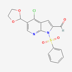 molecular formula C17H13ClN2O5S B13361340 4-Chloro-5-(1,3-dioxolan-2-yl)-1-(phenylsulfonyl)-1H-pyrrolo[2,3-b]pyridine-2-carbaldehyde 