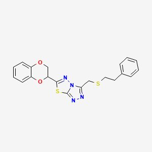 molecular formula C20H18N4O2S2 B13362329 6-(2,3-Dihydro-1,4-benzodioxin-2-yl)-3-{[(2-phenylethyl)sulfanyl]methyl}[1,2,4]triazolo[3,4-b][1,3,4]thiadiazole 