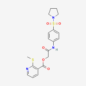 molecular formula C19H21N3O5S2 B13362897 2-Oxo-2-((4-(pyrrolidin-1-ylsulfonyl)phenyl)amino)ethyl 2-(methylthio)nicotinate 