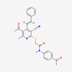 molecular formula C27H23N3O3S B13363441 2-({5-acetyl-3-cyano-6-methyl-4-[(E)-2-phenylethenyl]-2-pyridinyl}sulfanyl)-N-(4-acetylphenyl)acetamide 
