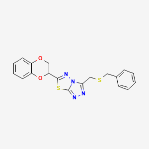 molecular formula C19H16N4O2S2 B13363943 3-[(Benzylsulfanyl)methyl]-6-(2,3-dihydro-1,4-benzodioxin-2-yl)[1,2,4]triazolo[3,4-b][1,3,4]thiadiazole 