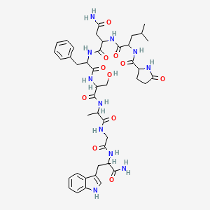 molecular formula C43H57N11O11 B1336617 N-[1-[[1-[[1-[[2-[[1-amino-3-(1H-indol-3-yl)-1-oxopropan-2-yl]amino]-2-oxoethyl]amino]-1-oxopropan-2-yl]amino]-3-hydroxy-1-oxopropan-2-yl]amino]-1-oxo-3-phenylpropan-2-yl]-2-[[4-methyl-2-[(5-oxopyrrolidine-2-carbonyl)amino]pentanoyl]amino]butanediamide 
