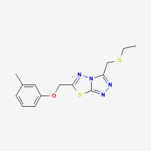 molecular formula C14H16N4OS2 B13367761 3-[(Ethylsulfanyl)methyl]-6-[(3-methylphenoxy)methyl][1,2,4]triazolo[3,4-b][1,3,4]thiadiazole 